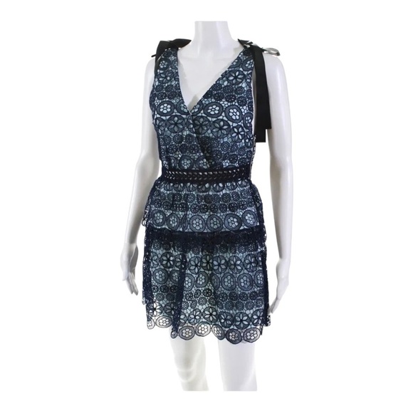 NWT SELF-PORTRAIT Blue Guipure Lace Tie Shoulder Tiered Mini Dress Size 00 - Picture 11 of 13